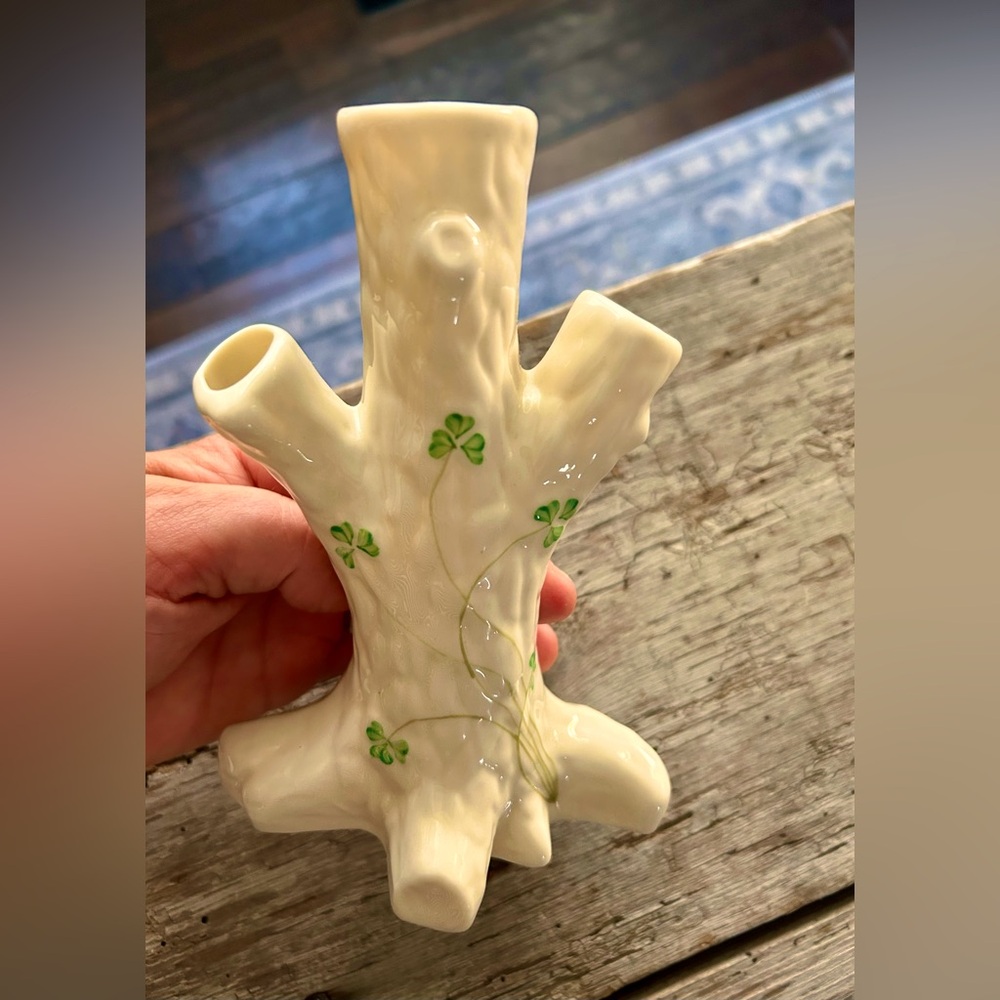 Vintage Irish Beleek Tree trunk Vase with shamrock design.